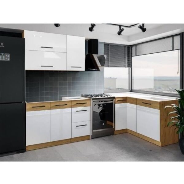 Cocina completa en esquina - Melamina roble Lancelot y gris Matera - 270 x 150 cm - Encimera no incluida - Imagen de 3