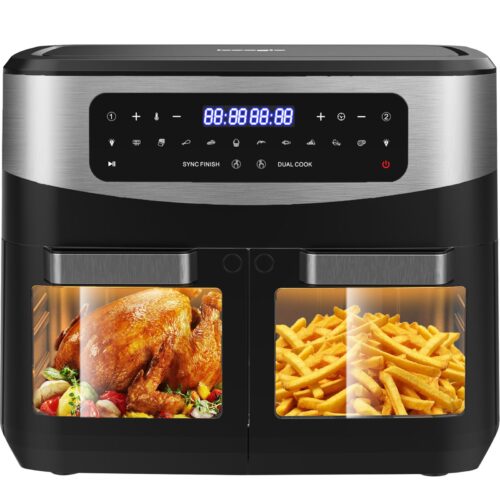 Freidora de aire caliente sin aceite de doble zona, 12 l, 10 programas, 2 cajones, 2600 W