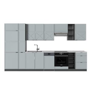 Cocina Vicco Fame-Line, azul claro grisáceo/antracita, 355 cm, mármol PT